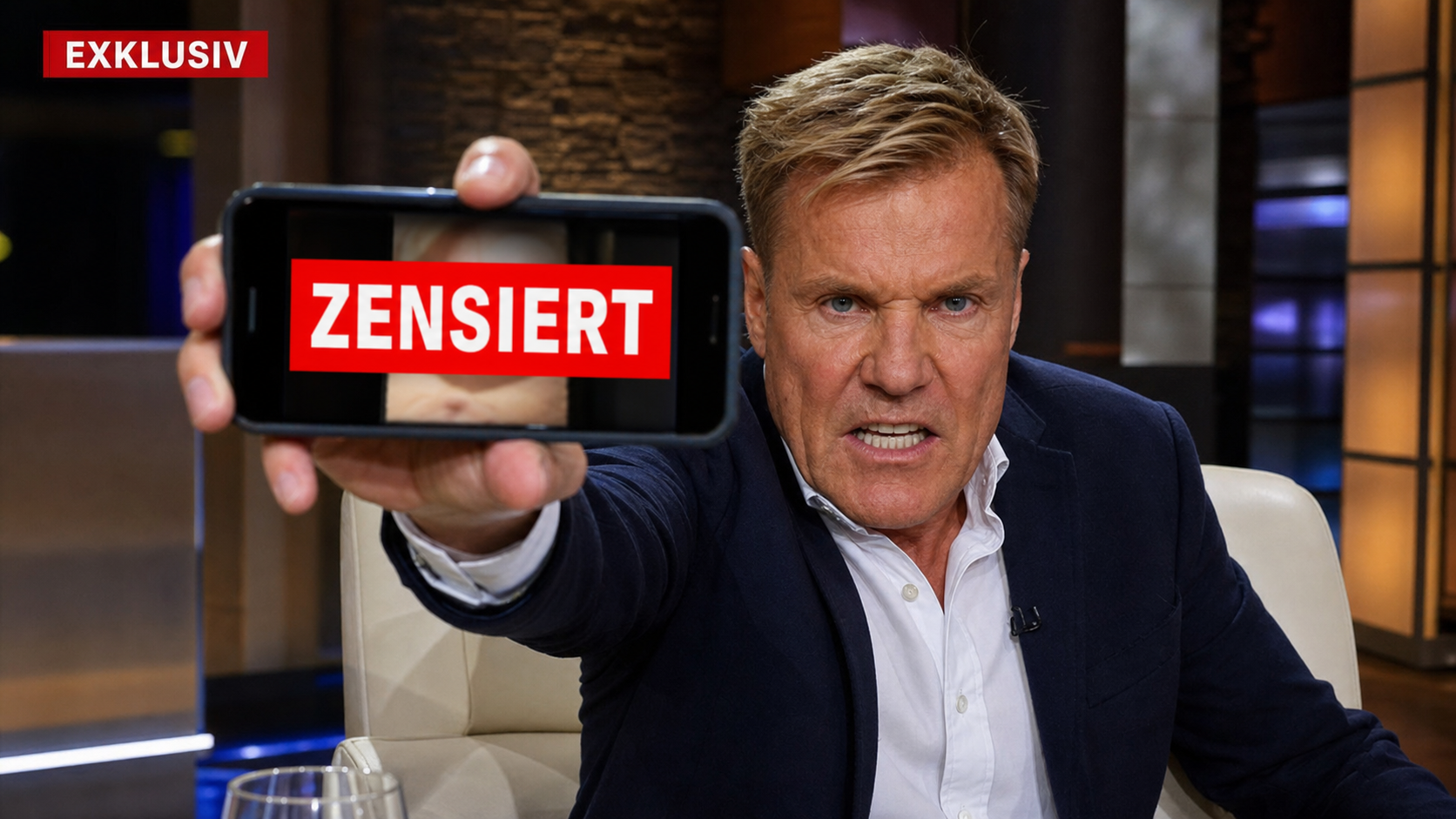 Dieter Bohlen im TV-Studio mit Smartphone